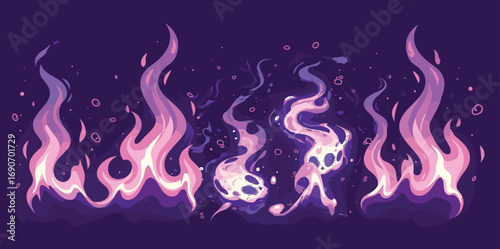 Abstract swirling purple and pink flames with small sparks and bubbles on a dark background, digital art illustration