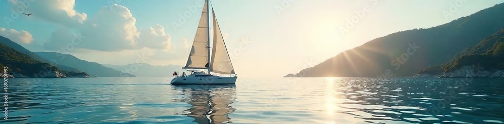 Fototapeta premium Serene sailboat gently rocking at anchor in a calm bay, sunlight glistening on the water Perfect for travel, leisure, and nautical themes , travel, boating