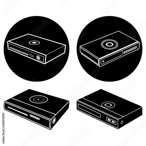 Four illustrations of dvd players in black and white with circular backgrounds and angled perspectives