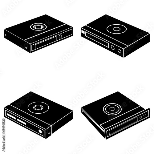 Isometric illustration showcasing four black dvd players with circular designs on top in a pattern