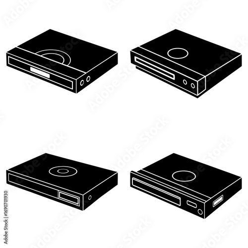 Four black dvd players are displayed in an isometric view on a white background in this illustration