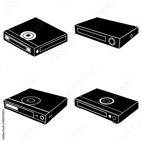 Four black dvd players are displayed in a symmetrical arrangement on a plain white background view from above