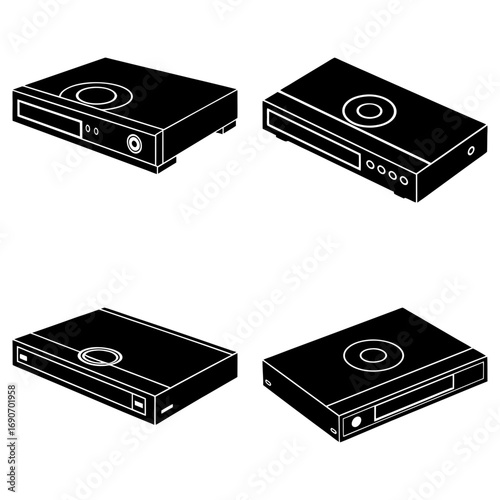 Isometric view of four black dvd players with circular designs on top and various ports displayed