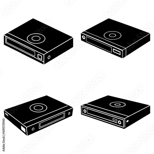 Four black and white illustrations of dvd players arranged in a square formation on a white background