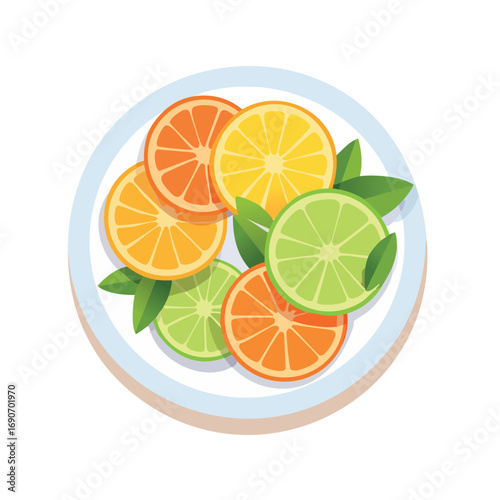 A flat vector illustration of sliced fruits on a plate isolated on white background