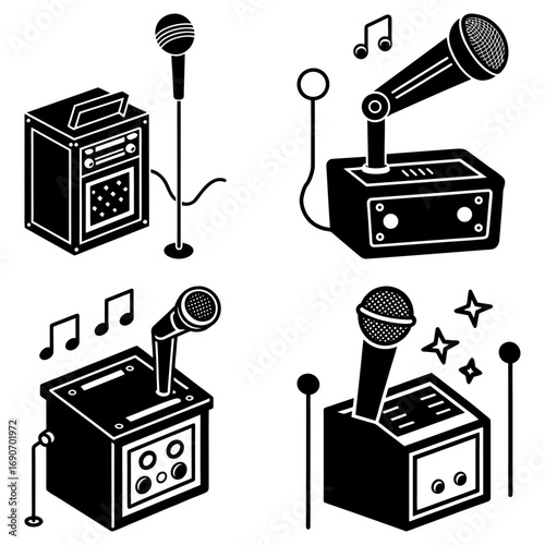 Illustration of four different microphone setups with stands and music notes in black and white style