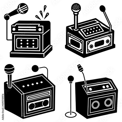 Four stylized black and white illustrations of karaoke machines with microphones in various designs