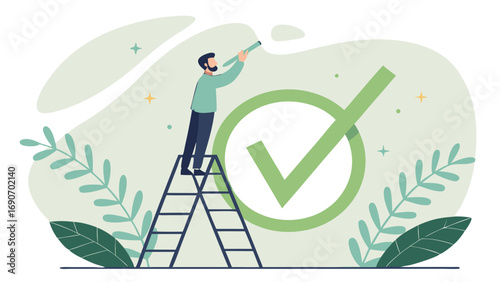 Achieving Goals Person on Ladder Completing a Check Mark Illustration.