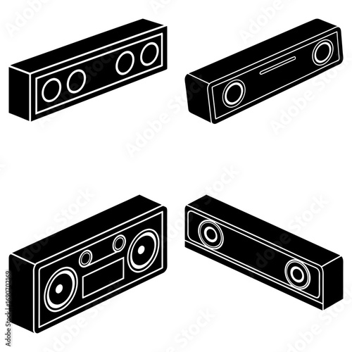 Isometric view of four black rectangular speakers with circular drivers and detailed front panels design