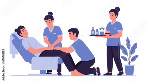 Caring medical professionals attend to a patient in a hospital bed while another nurse brings a tray of medical supplies and medication