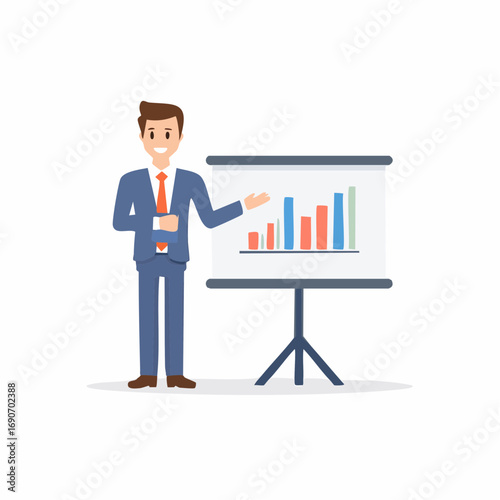 A smiling businessman in a suit making a presentation and pointing to a growth chart on a flipboard, a simple vector icon illustration isolated on a white background