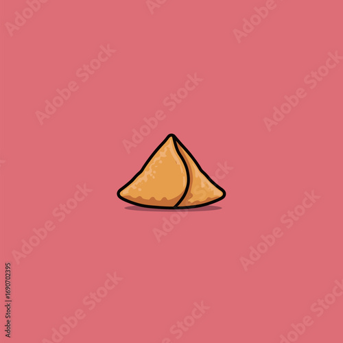 A golden, triangular samosa is centered against a bright pink backdrop, highlighting its crispy texture and iconic shape, representing a popular snack in Indian cuisine.
