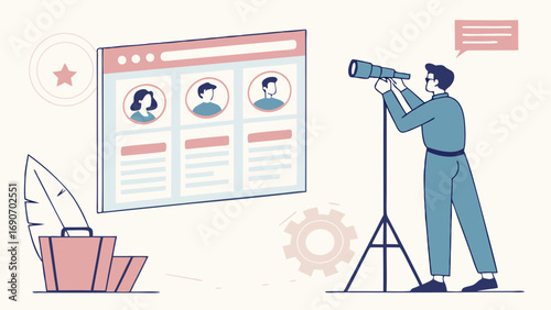 Person using a telescope to review online profiles recruitment job search candidate selection talent acquisition human resources employee screening online application digital profile modern technolog.