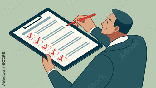 Businessperson reviewing checklist on clipboard completing tasks success planning goals.