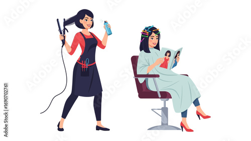 Stylist with hair straightener and hairdryer styling client sitting in salon chair reading magazine