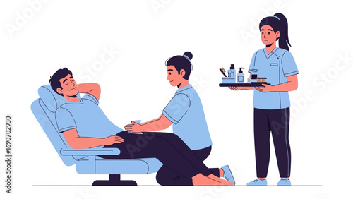 Skilled beautician meticulously applying eyelash extensions to a relaxed male client in a modern salon setting with a colleague holding beauty tools