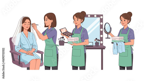 Diverse makeup artists in green aprons skillfully applying cosmetics to a client in a beauty salon setting with a vanity mirror