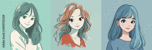 Three stylized portraits feature women with different hair colors and styles, set against soft green backgrounds. Each character exudes a unique personality through their appearance.