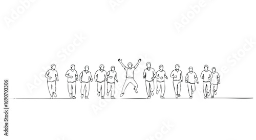 A minimalist line drawing of a group of people walking and jogging, with one person jumping joyfully in the center, standing out from the crowd.