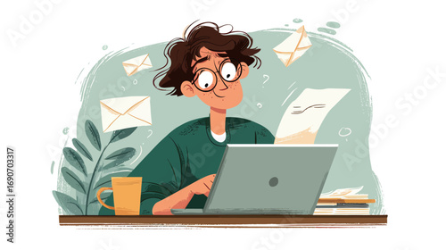 A student sits at a desk, deeply focused on a laptop, surrounded by letters floating in the air. A cup rests beside them, creating a cozy study ambiance during the day.