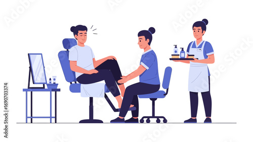 Modern male barber with a client in a salon chair receiving a haircut and styling from a professional stylist holding grooming products