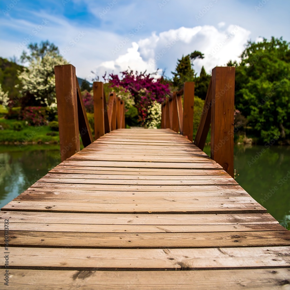 Obraz premium Wooden bridge over a pond, flowers in bloom