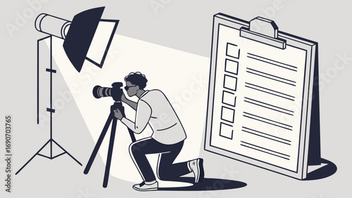 Photographer at work studio lighting checklist DSLR camera tripod taking photos image editing photo shoot preparation professional photography photography equipment behind the scenes creative process.