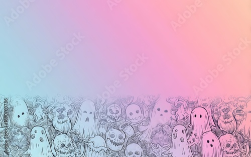 A cartoonish drawing of a bunch of people with a pink background