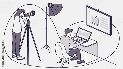 Photo Studio Scene Photographer Shooting and Editor Working on Laptop.