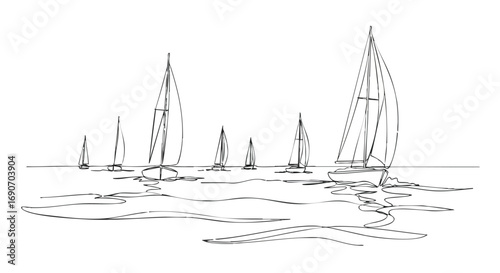 Line drawing of several sailboats on a body of water.