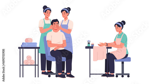 Two female beauticians give a male client a facial massage while another female technician performs a manicure on another client in a clean salon setting