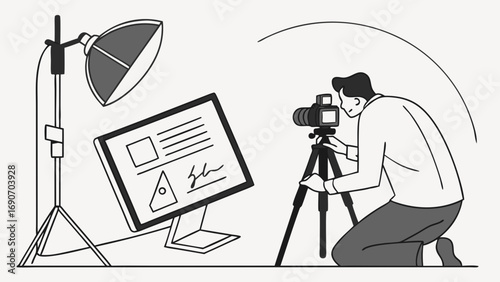 Photographer taking photo of document on computer screen in studio with lighting equipment.