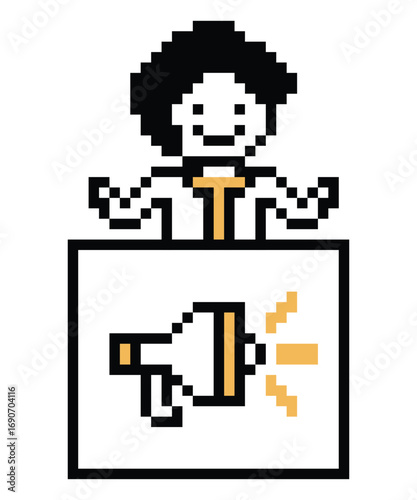 Pixel art cute cartoon man with megaphone announcement speaker information announce decor character 8 bit male boy megaphone cartoon pixel game png vector.