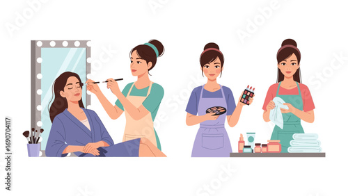 Diverse makeup artists skillfully applying cosmetics to a client and preparing beauty products in a professional salon setting with a vanity mirror