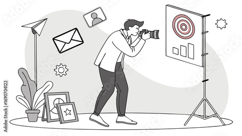 Photographer taking picture of target and graph business concept illustration marketing strategy goal achievement professional photographer camera illustration vector art business illustration goal t.
