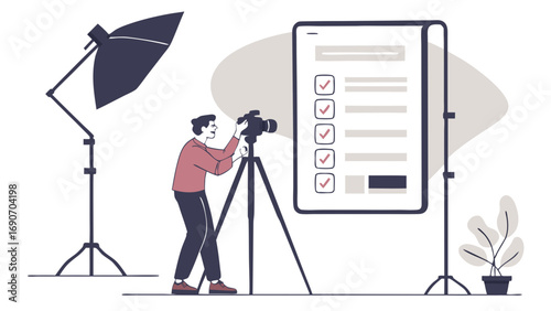 Photographer using a camera on a tripod in a studio with lighting equipment and a checklist.