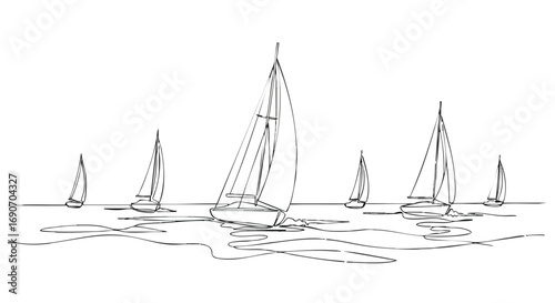 A fleet of sailboats gracefully gliding across the water, depicted in a minimalist line drawing style.