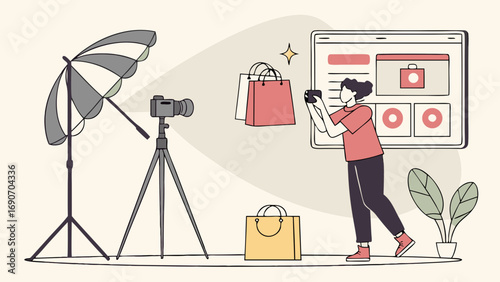 Product Photography Setup Online Store E-commerce Fashion Shopping Bags Camera Studio Lighting Flat Lay Mobile Phone Influencer Marketing Flat Design Illustration.