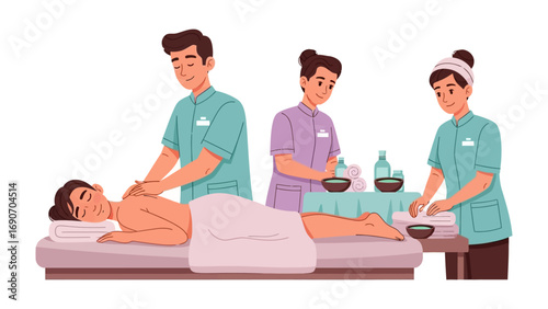 Diverse team of healthcare professionals providing therapeutic massage and spa treatments to a relaxed female patient on a massage table
