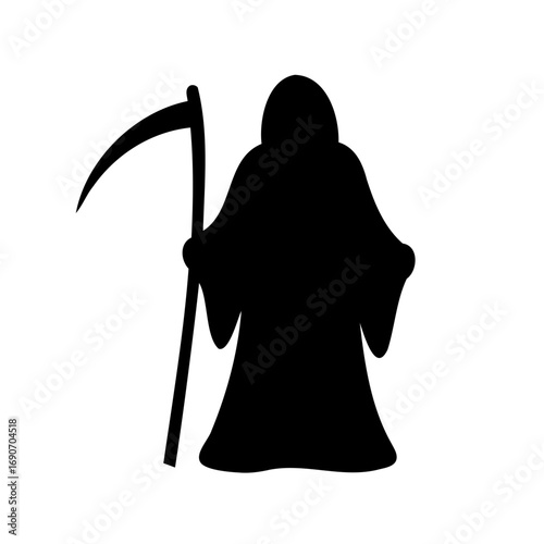 Black silhouette of the Grim Reaper holding a scythe against white background