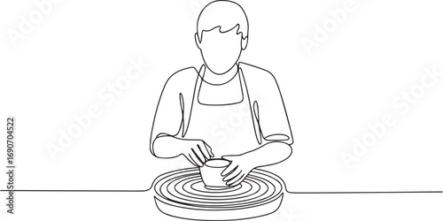 Continuous single line drawing of a potter shaping clay on a pottery wheel, minimalist black and white line art illustration