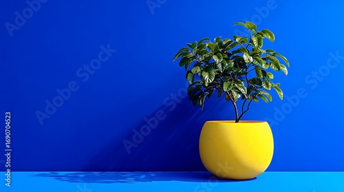 Vibrant Yellow Pot Holds Lush Green Plant Against a Bold Blue Background