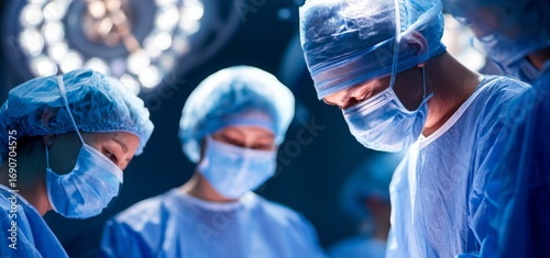Under the operating room lighting, a blue-uniformed surgeon carries out microsurgery, leveraging cutting-edge technology and medical equipment for surgical procedures including eye, brain, and