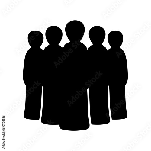 Simple black and white icon featuring a crowd of five people