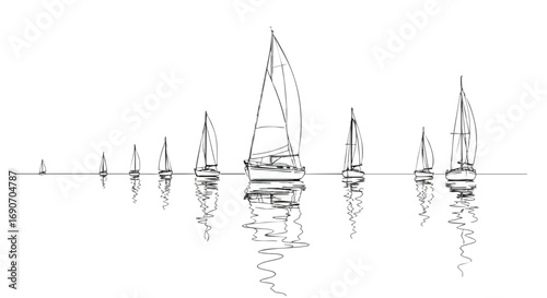 Line drawing of sailboats on water with reflections.