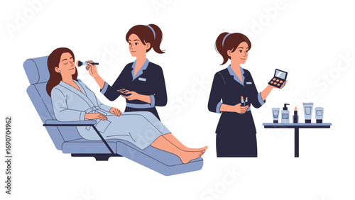 Two professional makeup artists demonstrating cosmetic application and product display in a beauty salon or spa setting with a client receiving makeup services