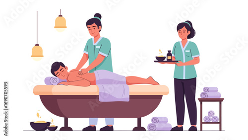 Two female spa therapists providing a relaxing massage to a client on a massage table with aromatherapy and wellness treatments