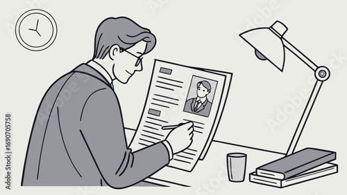 Reviewing a Resume Job Application Process Businessman at Desk Illustration.