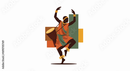 African Dancer with Drum Performing Traditional Ritual.