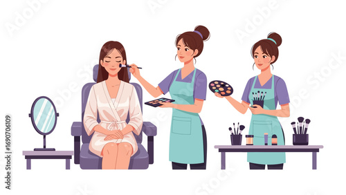 Two professional makeup artists applying cosmetics and styling a young woman sitting in a chair with a mirror and makeup brushes on a table